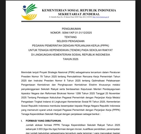 Foto : Tangkapan Layar Pengumuman PPPK Sekolah Rakyat