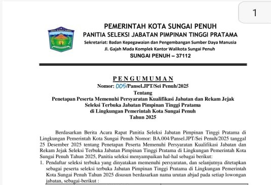 Seleksi JPT Pratama Sungai Penuh 2025: Ini Daftar ASN yang Lolos Administrasi