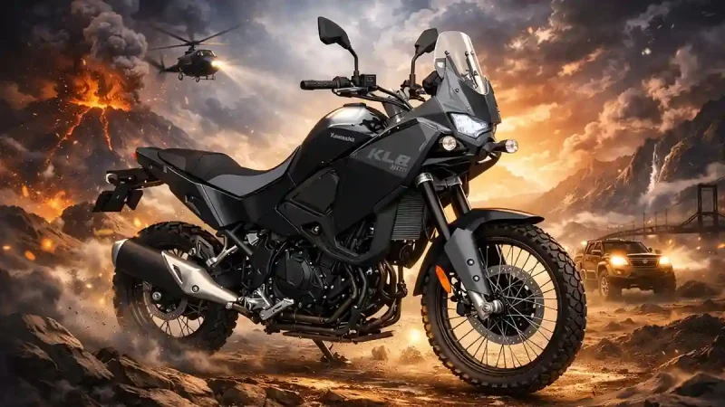 Visual Kawasaki KLE500 varian Metallic Carbon Grey yang siap menjelajah medan off-road.