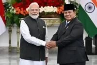Presiden Prabowo Subianto menyambut Perdana Menteri India Narendra Modi di Istana Merdeka Jakarta.